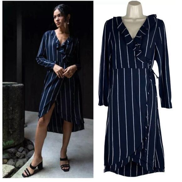 Rails Priya Navy Blue Metallic Stripe Ruffle Wrap Midi Dress Sz L Party Classic - Picture 3 of 16